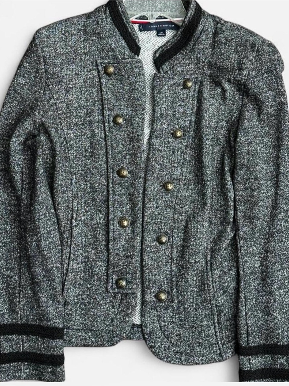 Tommy Hilfiger Gray Tweed Military-Style Blazer with Brass Buttons